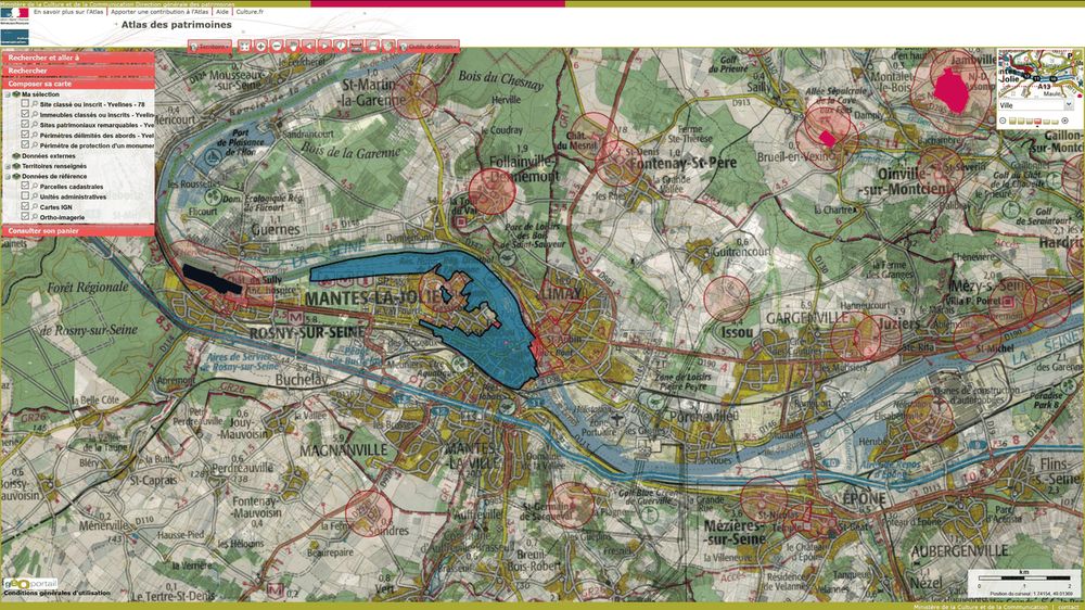 Extrait de l'Atlas des patrimoines montrant les périmètres de protection des monuments historiques
