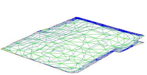 Modèle numérique de terrain triangulé avec ses courbes de niveaux, vu en trois dimensions