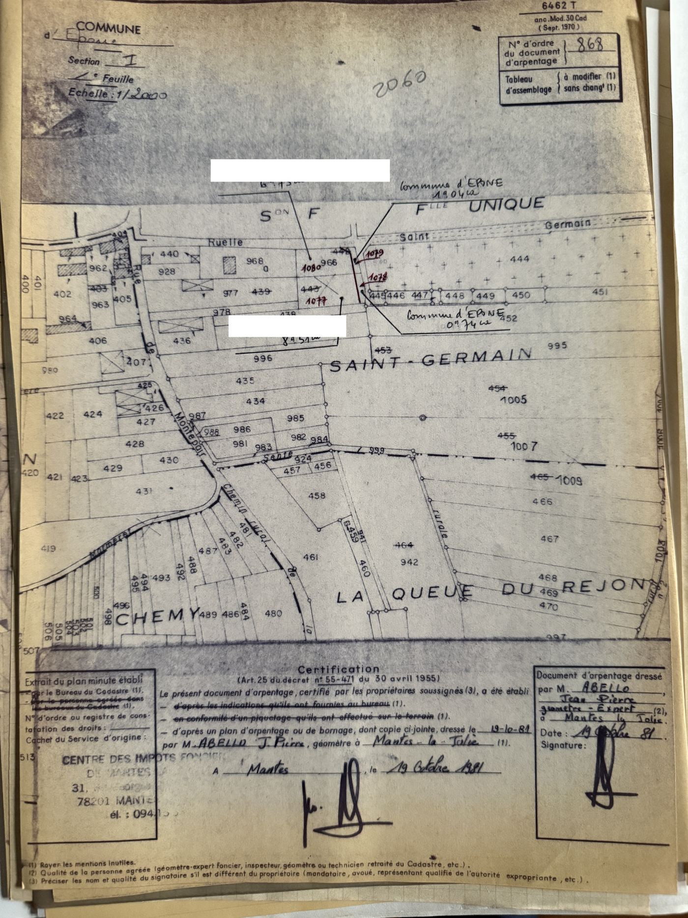 Document d'arpentage dressé en 1981 par le Cabinet ABELLO : plan de la modification et cartouche de certification