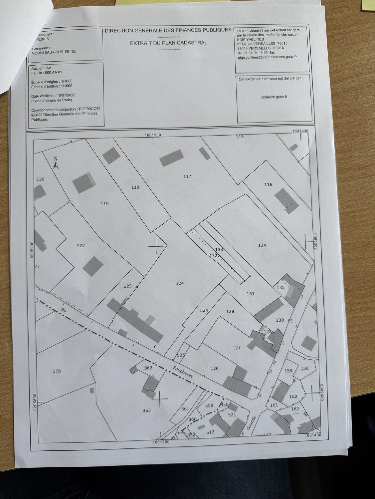 Extrait du plan cadastral avant division, délivré par la Direction générale des finances publiques
