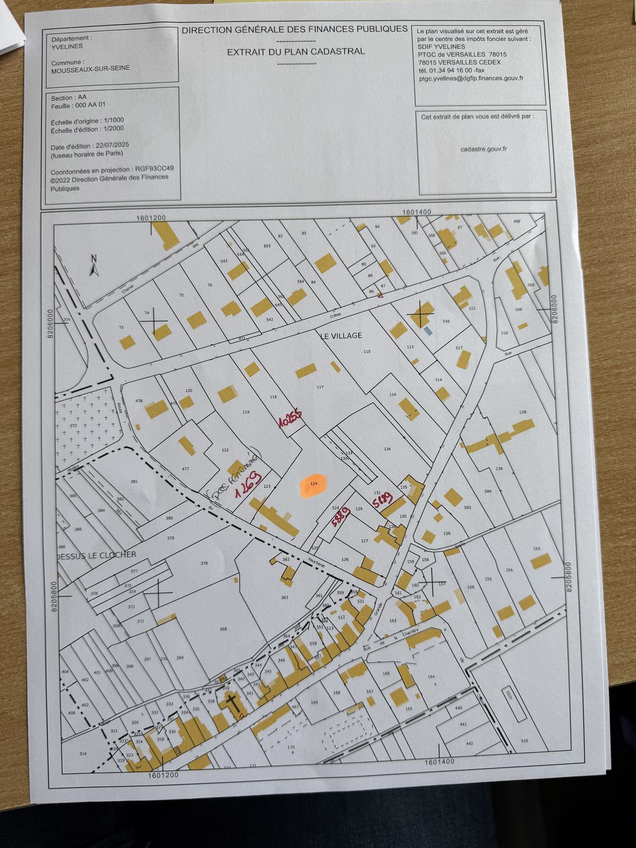 Extrait du plan cadastral portant les nouveaux numéros de parcelles attribués après le document d'arpentage