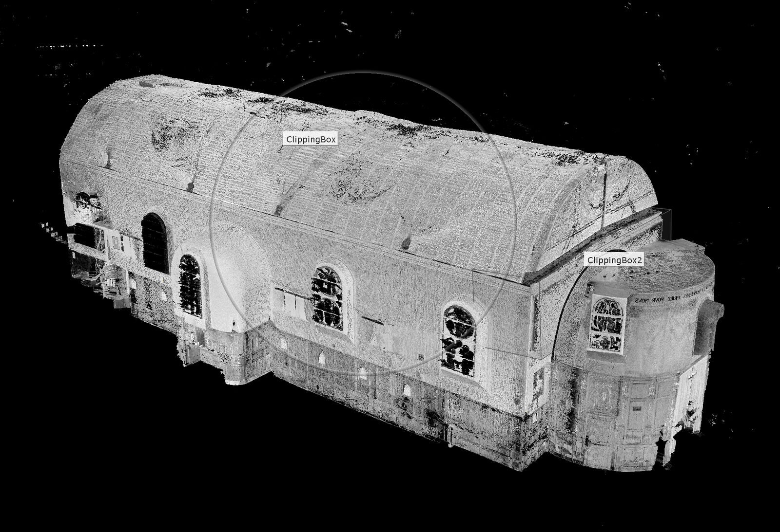 Édifice relevé au scanner laser et restitué en nuage de points : toiture, façades et percements