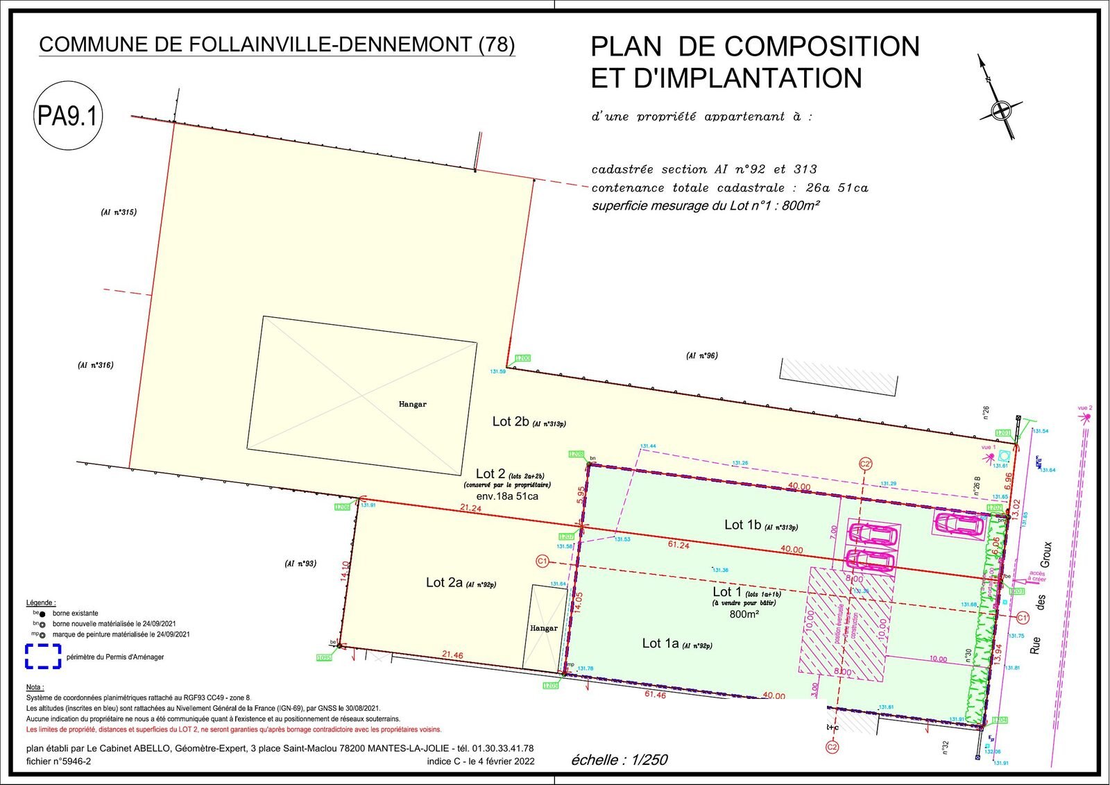 Plan de composition d'un permis d'aménager : découpage des lots, voie de desserte, réseaux et espaces communs