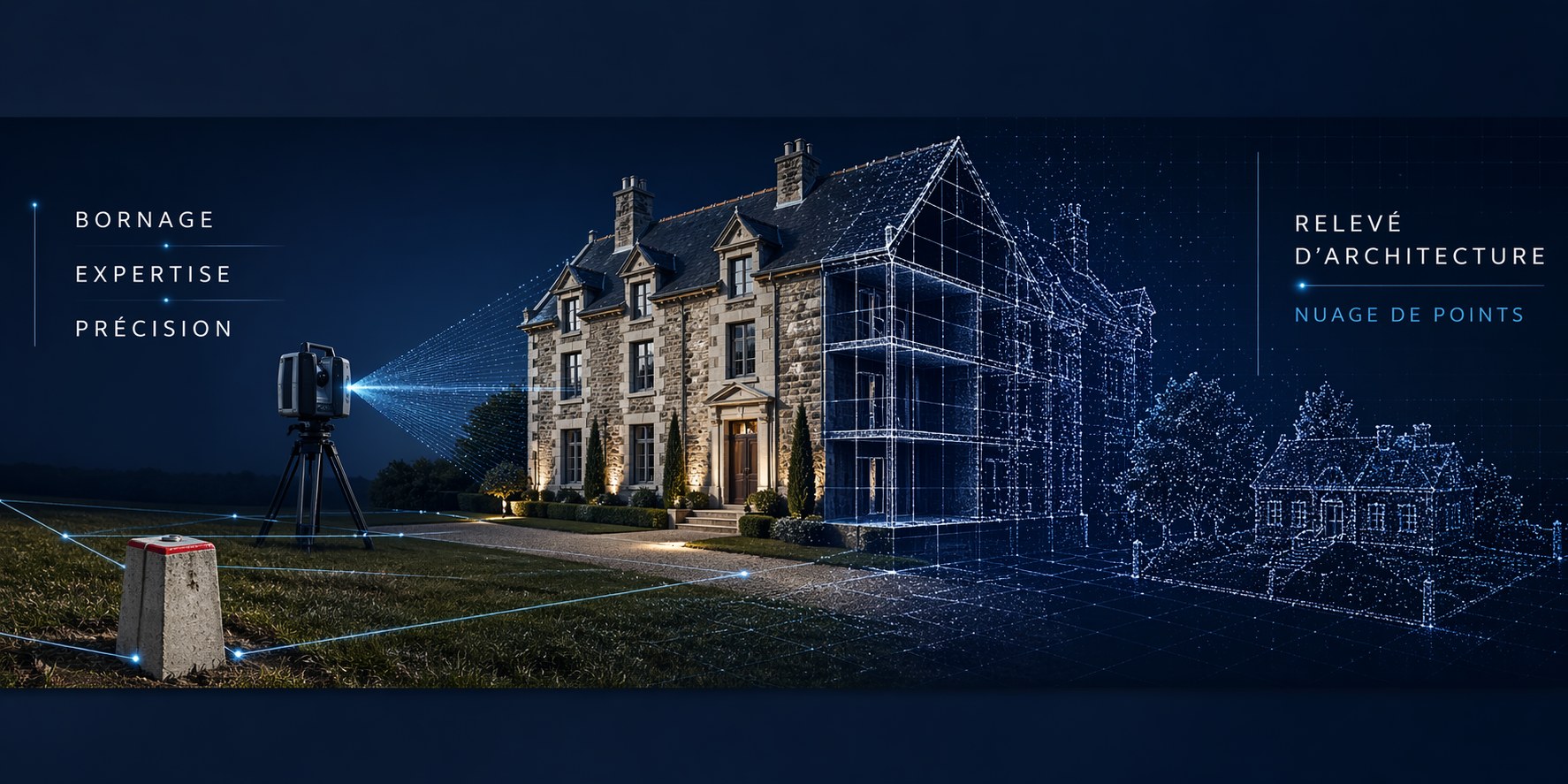Scanner laser en station devant une demeure en pierre, dont la façade se transforme en nuage de points : bornage, expertise, précision, relevé d'architecture