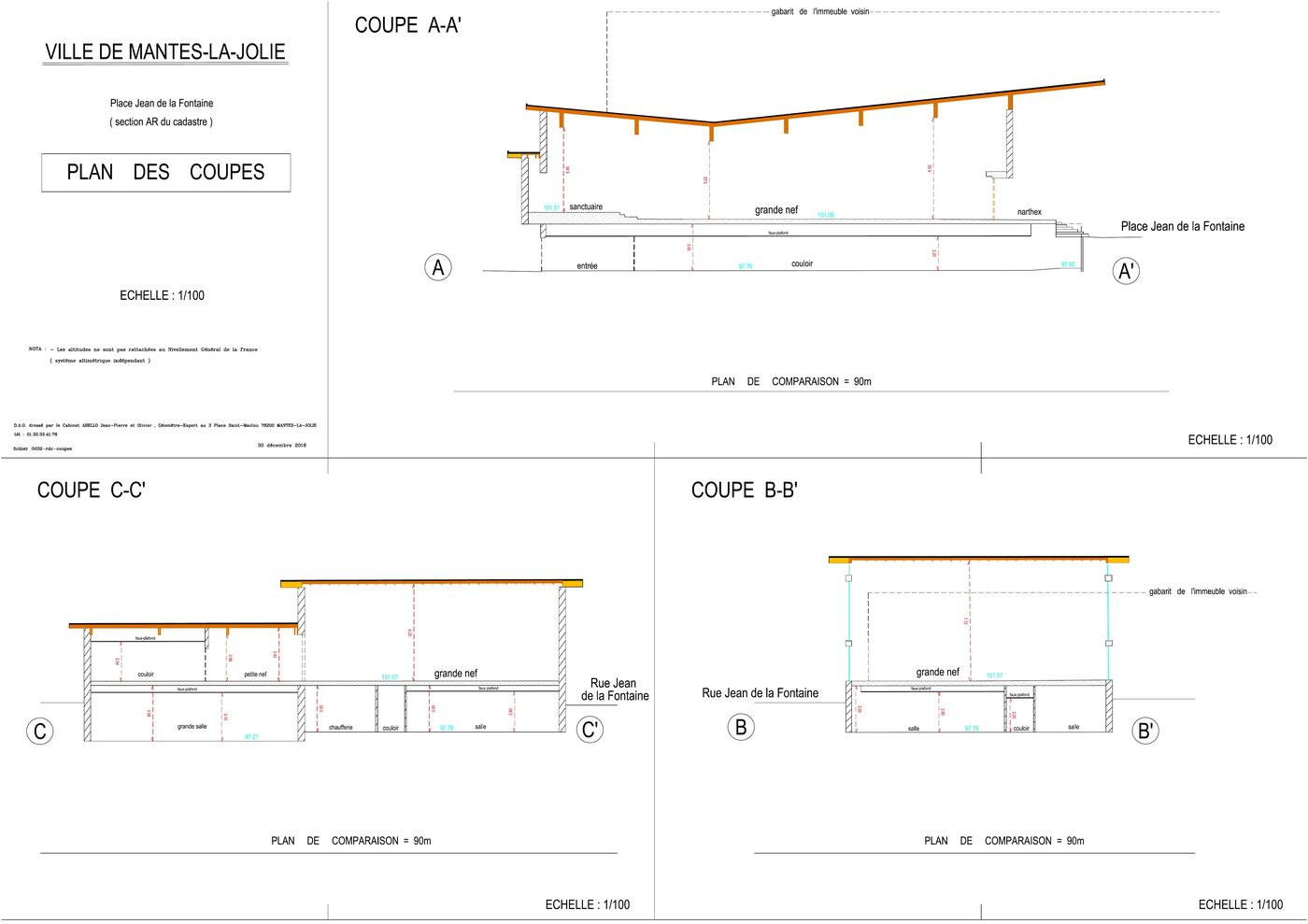 Planche de trois coupes de bâtiment montrant les hauteurs sous plafond et la charpente