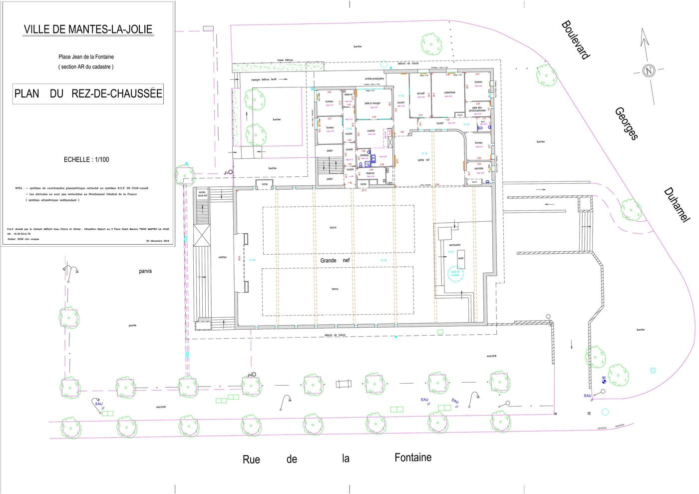 Plan du rez-de-chaussée relevé : murs, ouvertures, cloisonnement, abords et végétation