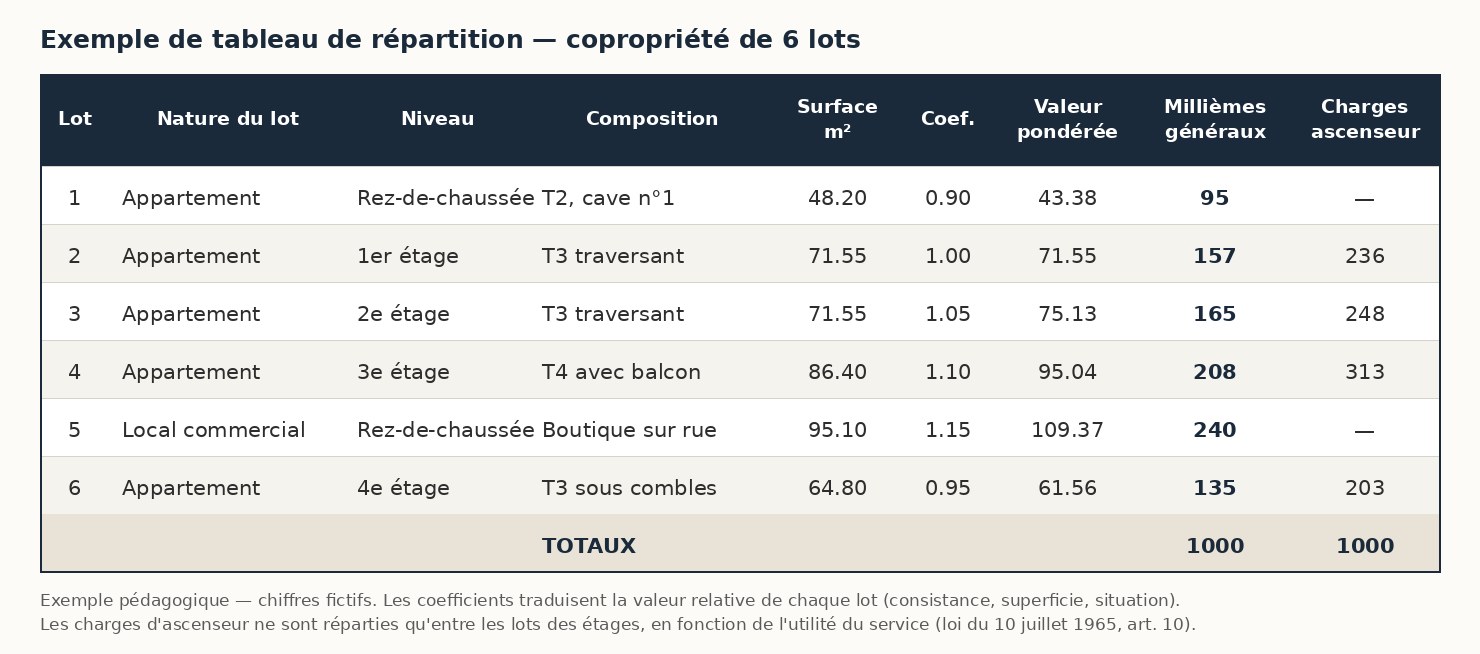 Exemple de tableau de répartition des tantièmes : six lots, surfaces, coefficients de pondération, millièmes généraux et charges d'ascenseur